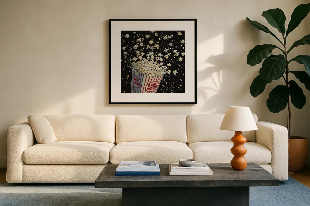 Cinema Pop by James Wiens. Displayed in a glass frame with matte in a clean modern living room. Available as an archival giclee rolled canvas, fine art paper, or poster print. SKU 15477a.