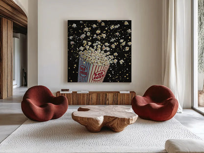 Cinema Pop by James Wiens. Shown as extra-large giant wall art in a modern living room. Available as an archival giclee rolled canvas, fine art paper, or poster print. SKU 15477a.