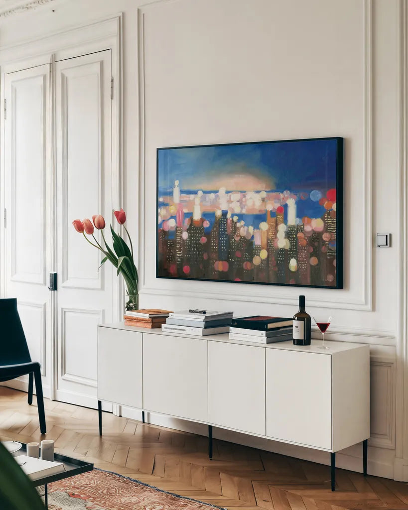 City Lights by James Wiens. shown as a framed stretched canvas in a living room above a console. Available as a archival giclee rolled canvas, fine art paper, or poster print. SKU 65982i.
