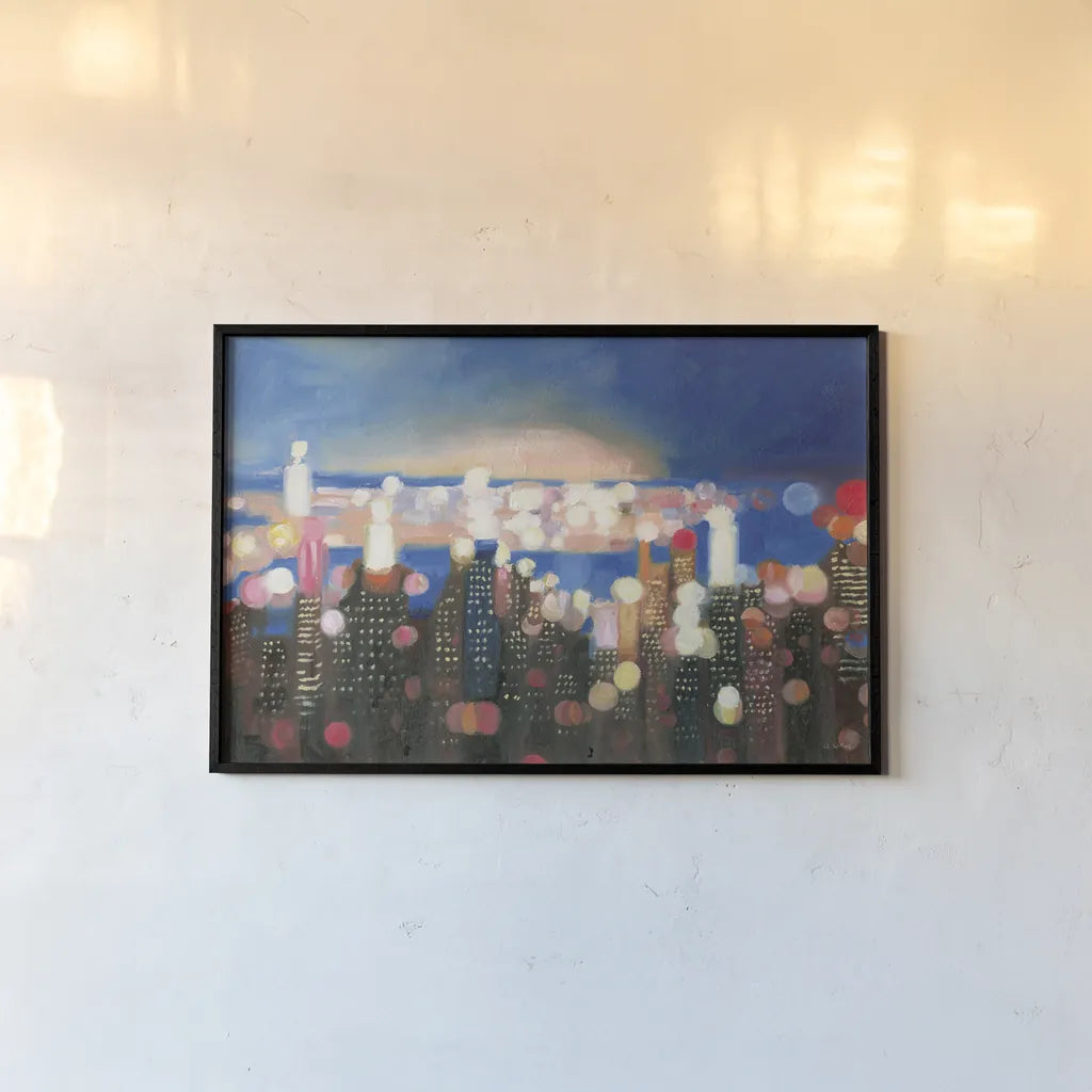 City Lights by James Wiens. shown as a paper print in a black flame. Available as a archival giclee rolled canvas, fine art paper, or poster print. SKU 65982i.