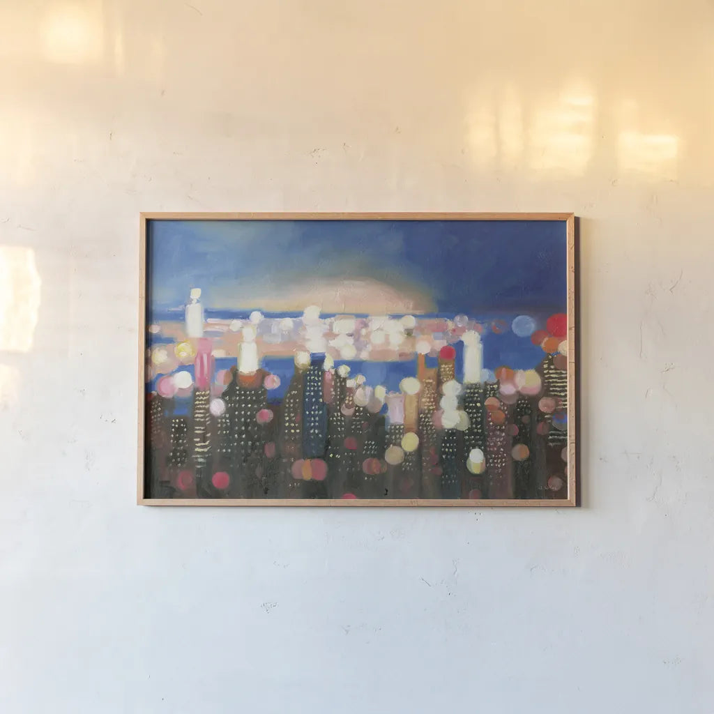 City Lights by James Wiens. shown as a paper print in a natural frame. Available as a archival giclee rolled canvas, fine art paper, or poster print. SKU 65982i.