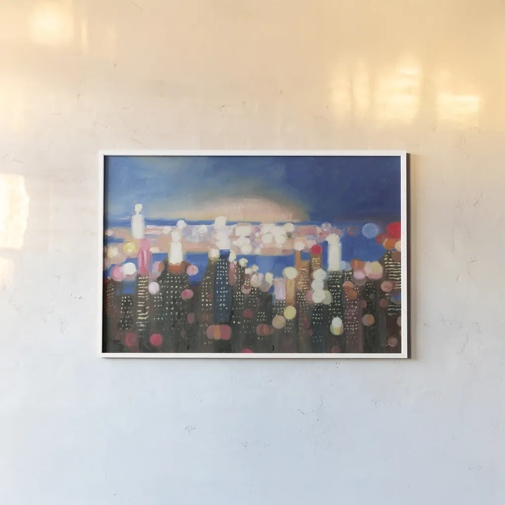 City Lights by James Wiens. shown as a paper print in a white frame. Available as a archival giclee rolled canvas, fine art paper, or poster print. SKU 65982i.