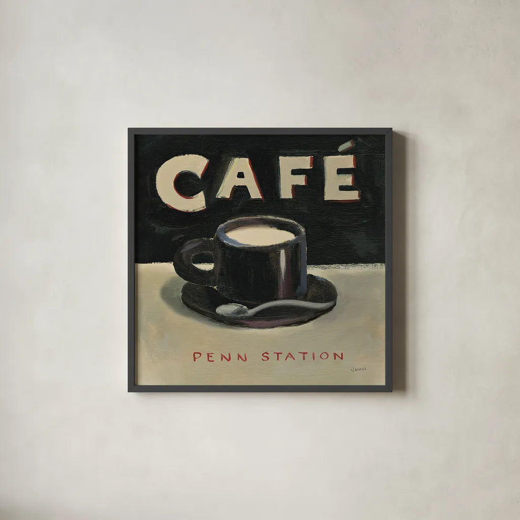 Coffee Spot I by James Wiens. Shown in a sleek black glass frame for a contemporary gallery look. Available as an archival giclee rolled canvas, fine art paper, or poster print. SKU 17581a.