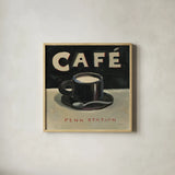 Coffee Spot I by James Wiens. Shown in a natural wood glass frame for a timeless modern aesthetic. Available as an archival giclee rolled canvas, fine art paper, or poster print. SKU 17581a.
