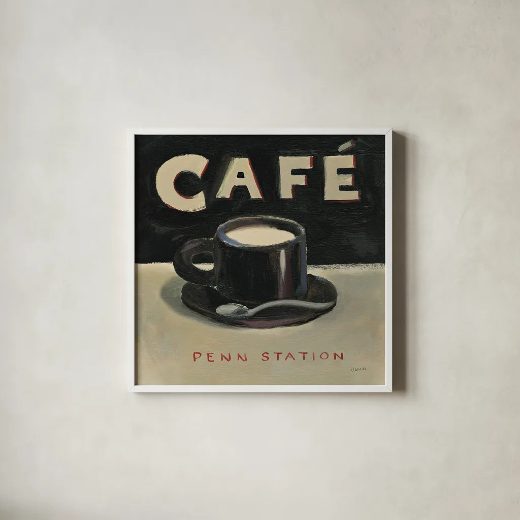 Coffee Spot I by James Wiens. Shown in a crisp white glass frame for a clean and minimalist style. Available as an archival giclee rolled canvas, fine art paper, or poster print. SKU 17581a.