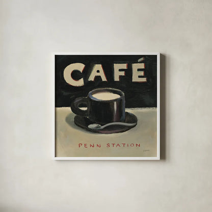 Coffee Spot I by James Wiens. Shown in a crisp white glass frame for a clean and minimalist style. Available as an archival giclee rolled canvas, fine art paper, or poster print. SKU 17581a.