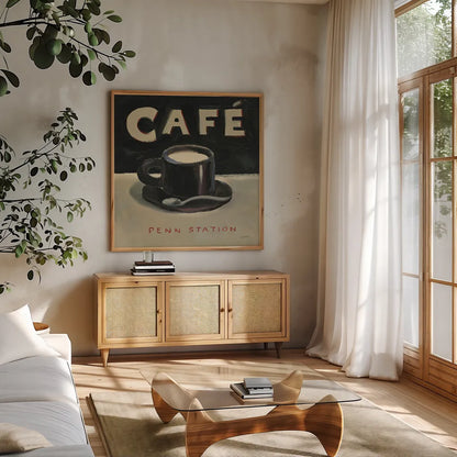 Coffee Spot I by James Wiens. Shown in a natural wood frame in a cozy modern living room. Available as an archival giclee rolled canvas, fine art paper, or poster print. SKU 17581a.