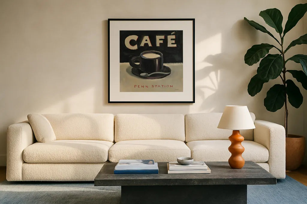 Coffee Spot I by James Wiens. Displayed in a glass frame with matte in a clean modern living room. Available as an archival giclee rolled canvas, fine art paper, or poster print. SKU 17581a.