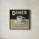 Coffee Spot II by James Wiens. Shown in a sleek black glass frame for a contemporary gallery look. Available as an archival giclee rolled canvas, fine art paper, or poster print. SKU 17582a.