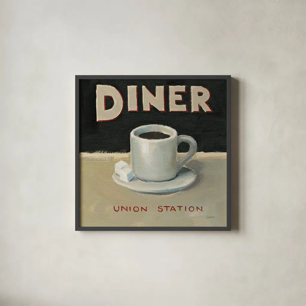 Coffee Spot II by James Wiens. Shown in a sleek black glass frame for a contemporary gallery look. Available as an archival giclee rolled canvas, fine art paper, or poster print. SKU 17582a.