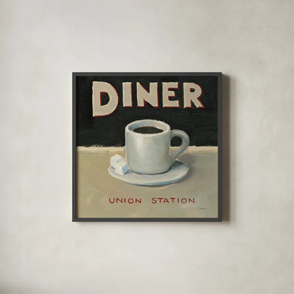 Coffee Spot II by James Wiens. Shown in a sleek black glass frame for a contemporary gallery look. Available as an archival giclee rolled canvas, fine art paper, or poster print. SKU 17582a.