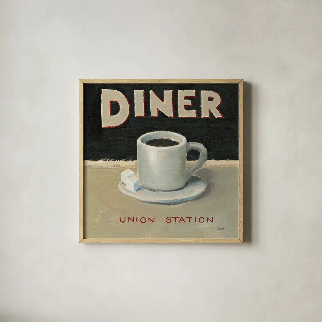 Coffee Spot II by James Wiens. Shown in a natural wood glass frame for a timeless modern aesthetic. Available as an archival giclee rolled canvas, fine art paper, or poster print. SKU 17582a.