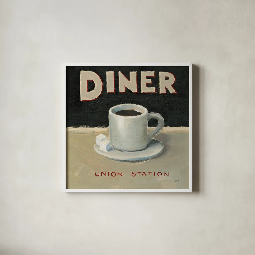 Coffee Spot II by James Wiens. Shown in a crisp white glass frame for a clean and minimalist style. Available as an archival giclee rolled canvas, fine art paper, or poster print. SKU 17582a.