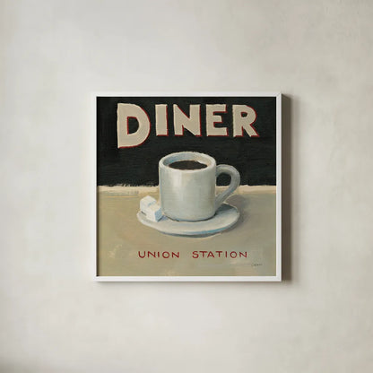 Coffee Spot II by James Wiens. Shown in a crisp white glass frame for a clean and minimalist style. Available as an archival giclee rolled canvas, fine art paper, or poster print. SKU 17582a.