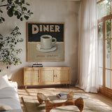 Coffee Spot II by James Wiens. Shown in a natural wood frame in a cozy modern living room. Available as an archival giclee rolled canvas, fine art paper, or poster print. SKU 17582a.