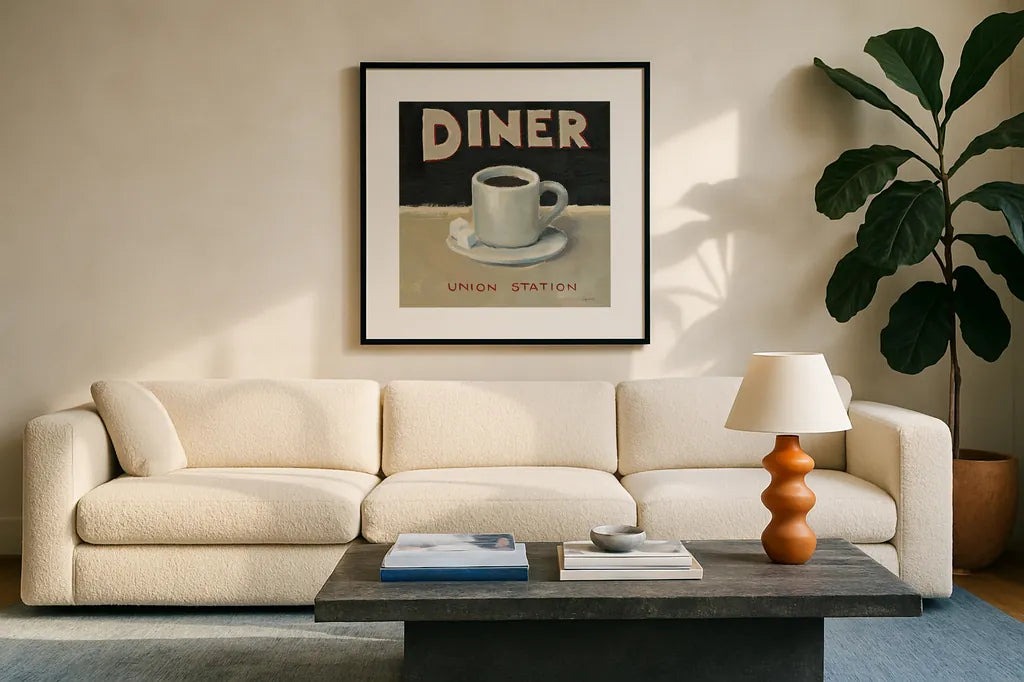 Coffee Spot II by James Wiens. Displayed in a glass frame with matte in a clean modern living room. Available as an archival giclee rolled canvas, fine art paper, or poster print. SKU 17582a.