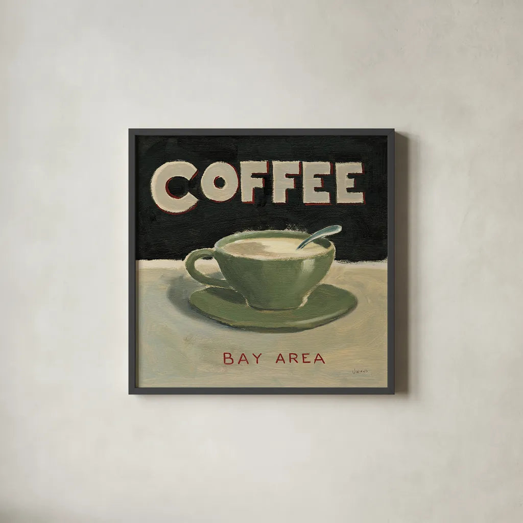 Coffee Spot III by James Wiens. Shown in a sleek black glass frame for a contemporary gallery look. Available as an archival giclee rolled canvas, fine art paper, or poster print. SKU 17583a.