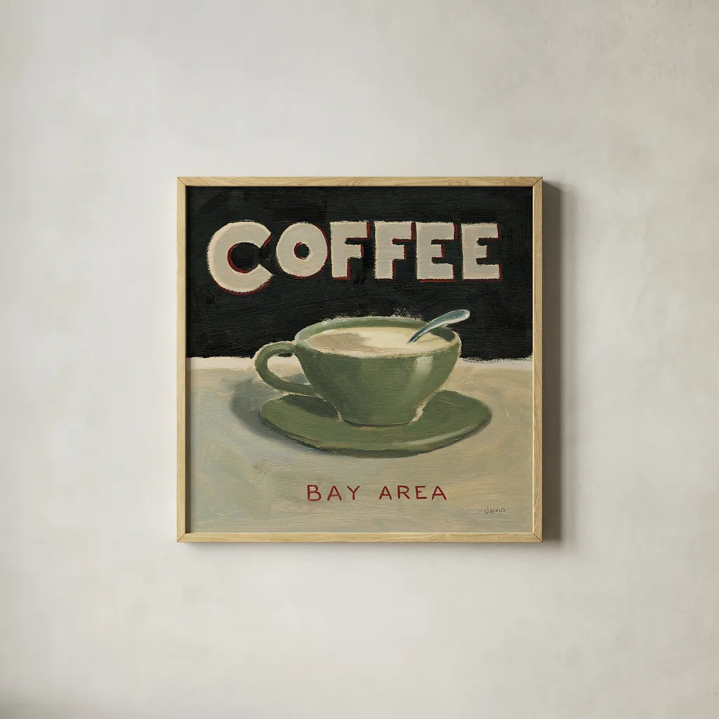 Coffee Spot III by James Wiens. Shown in a natural wood glass frame for a timeless modern aesthetic. Available as an archival giclee rolled canvas, fine art paper, or poster print. SKU 17583a.