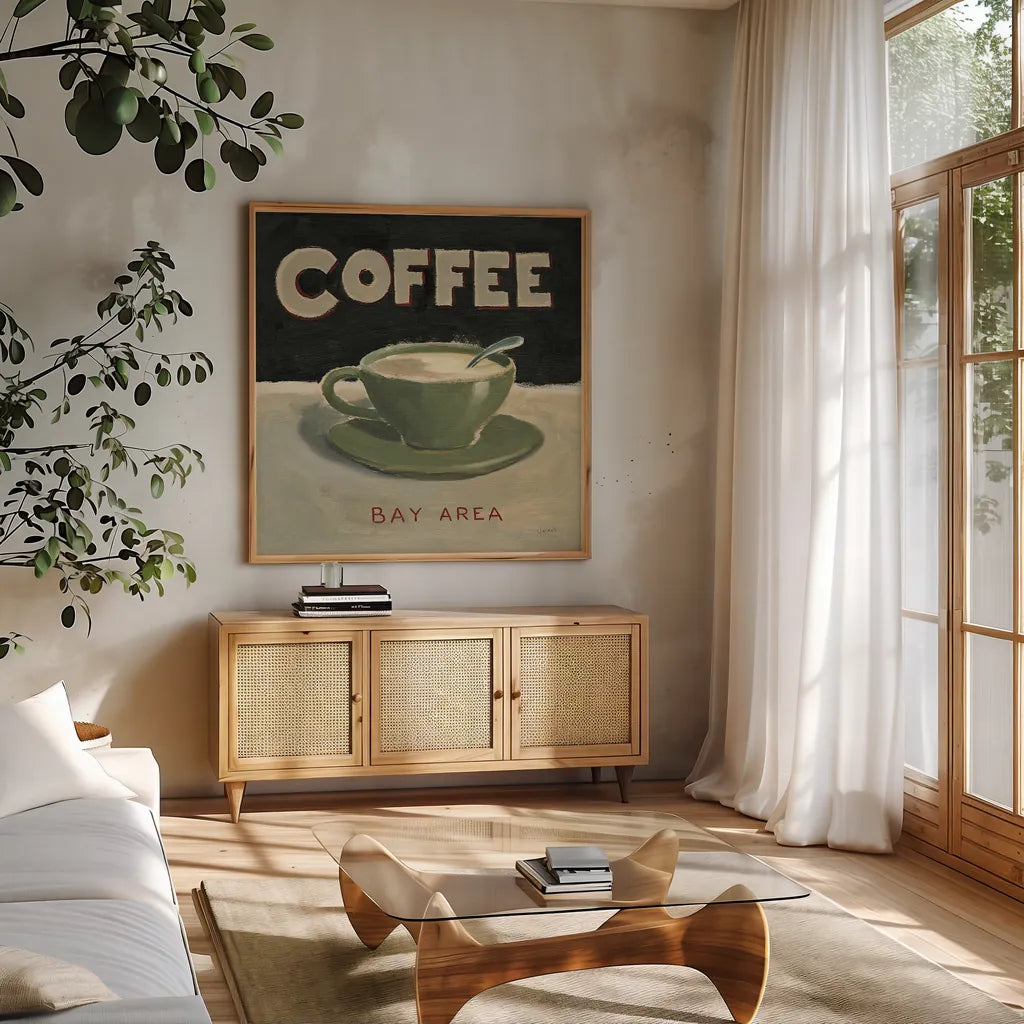 Coffee Spot III by James Wiens. Shown in a natural wood frame in a cozy modern living room. Available as an archival giclee rolled canvas, fine art paper, or poster print. SKU 17583a.