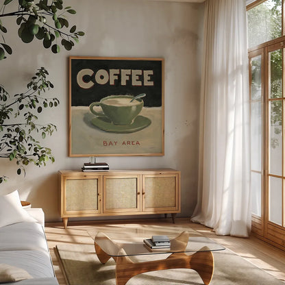 Coffee Spot III by James Wiens. Shown in a natural wood frame in a cozy modern living room. Available as an archival giclee rolled canvas, fine art paper, or poster print. SKU 17583a.