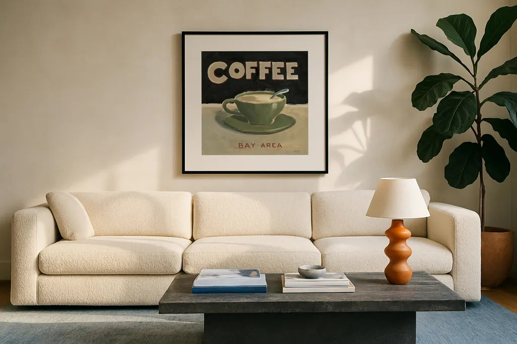 Coffee Spot III by James Wiens. Displayed in a glass frame with matte in a clean modern living room. Available as an archival giclee rolled canvas, fine art paper, or poster print. SKU 17583a.