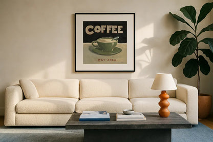 Coffee Spot III by James Wiens. Displayed in a glass frame with matte in a clean modern living room. Available as an archival giclee rolled canvas, fine art paper, or poster print. SKU 17583a.