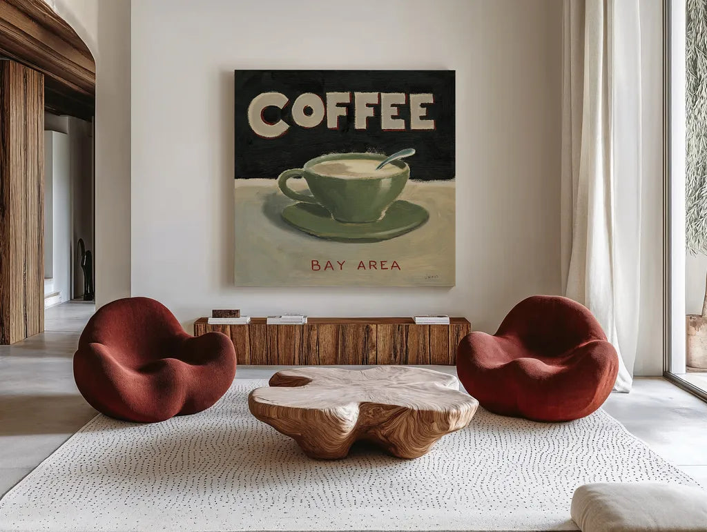 Coffee Spot III by James Wiens. Shown as extra-large giant wall art in a modern living room. Available as an archival giclee rolled canvas, fine art paper, or poster print. SKU 17583a.