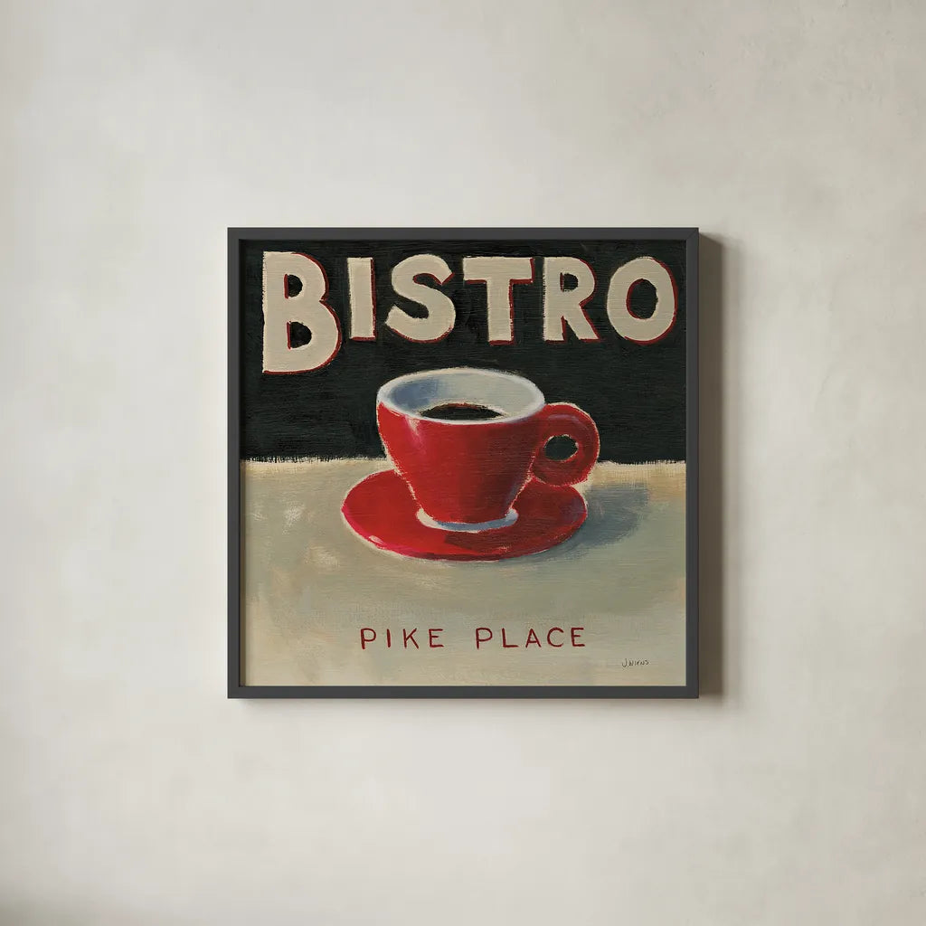 Coffee Spot IV by James Wiens. Shown in a sleek black glass frame for a contemporary gallery look. Available as an archival giclee rolled canvas, fine art paper, or poster print. SKU 17584a.