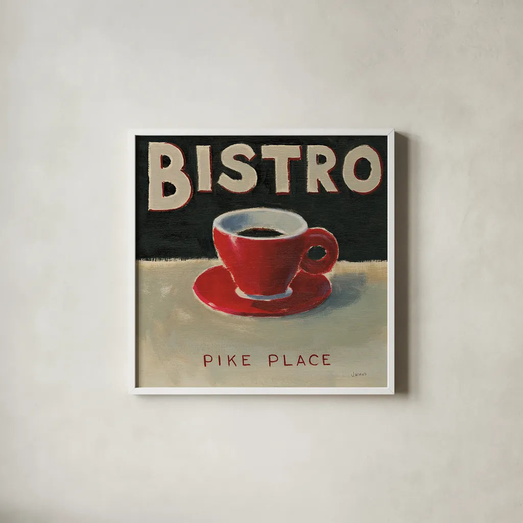 Coffee Spot IV by James Wiens. Shown in a crisp white glass frame for a clean and minimalist style. Available as an archival giclee rolled canvas, fine art paper, or poster print. SKU 17584a.