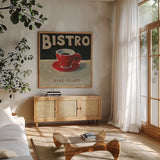 Coffee Spot IV by James Wiens. Shown in a natural wood frame in a cozy modern living room. Available as an archival giclee rolled canvas, fine art paper, or poster print. SKU 17584a.