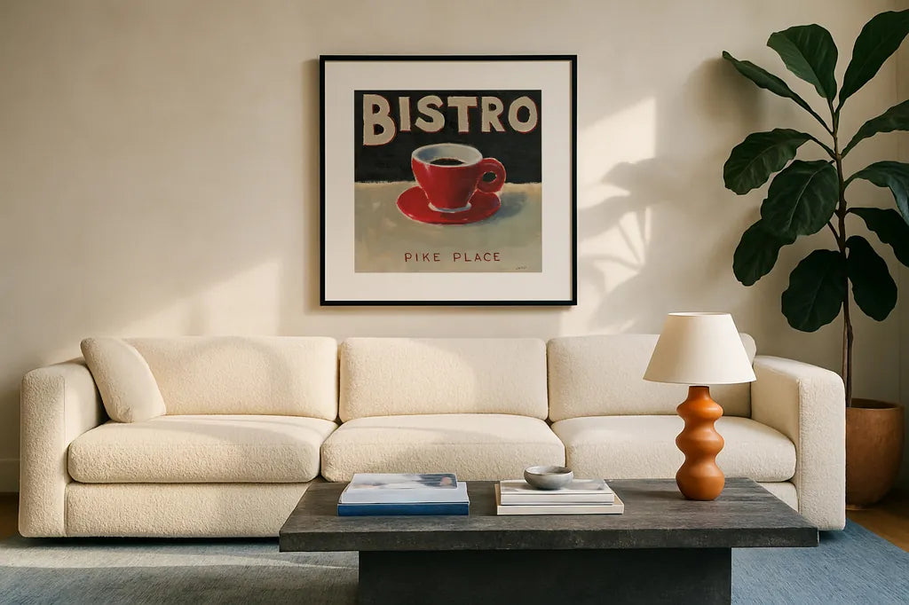Coffee Spot IV by James Wiens. Displayed in a glass frame with matte in a clean modern living room. Available as an archival giclee rolled canvas, fine art paper, or poster print. SKU 17584a.
