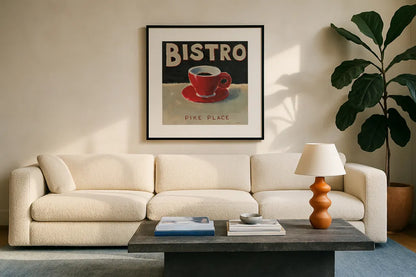 Coffee Spot IV by James Wiens. Displayed in a glass frame with matte in a clean modern living room. Available as an archival giclee rolled canvas, fine art paper, or poster print. SKU 17584a.