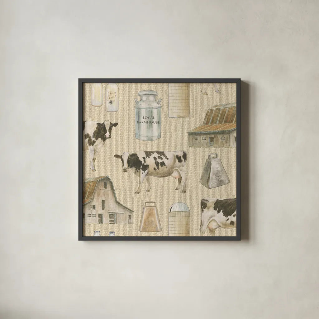 Country Cow Pattern VA by James Wiens. Shown in a sleek black glass frame for a contemporary gallery look. Available as an archival giclee rolled canvas, fine art paper, or poster print. SKU 42841a.