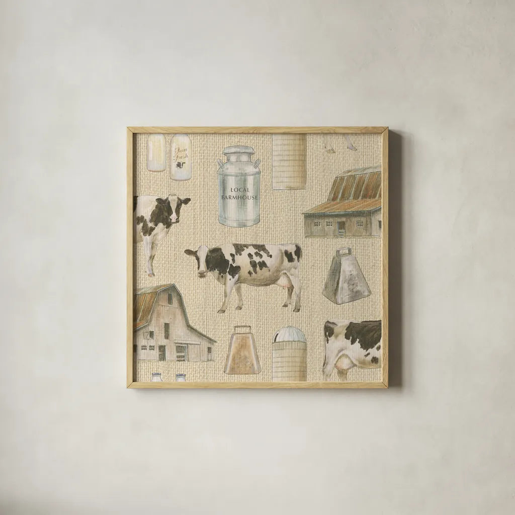 Country Cow Pattern VA by James Wiens. Shown in a natural wood glass frame for a timeless modern aesthetic. Available as an archival giclee rolled canvas, fine art paper, or poster print. SKU 42841a.