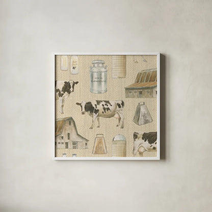 Country Cow Pattern VA by James Wiens. Shown in a crisp white glass frame for a clean and minimalist style. Available as an archival giclee rolled canvas, fine art paper, or poster print. SKU 42841a.
