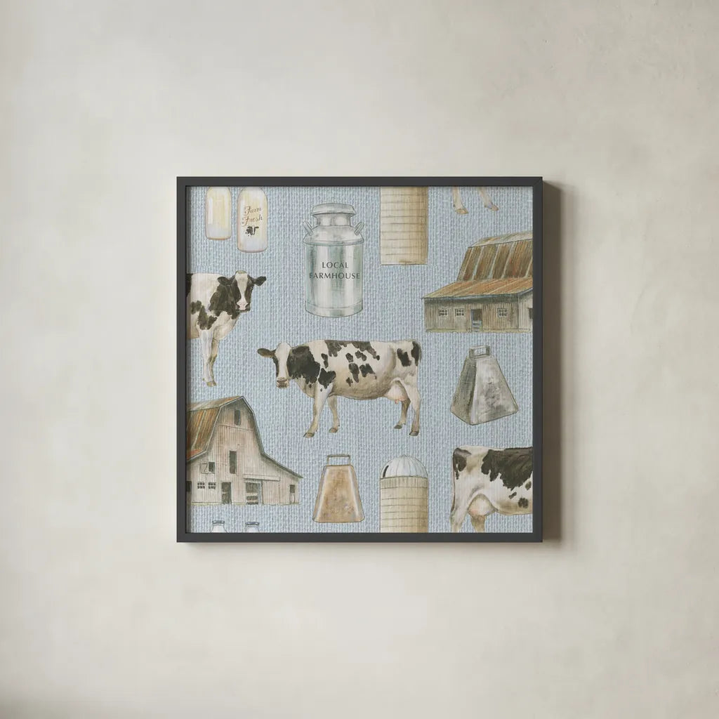 Country Cow Pattern VB by James Wiens. Shown in a sleek black glass frame for a contemporary gallery look. Available as an archival giclee rolled canvas, fine art paper, or poster print. SKU 42842a.