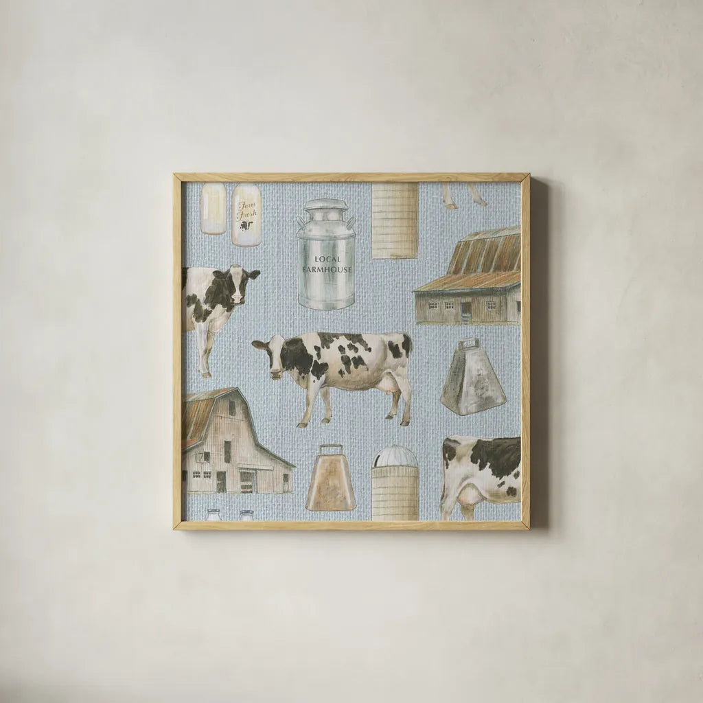 Country Cow Pattern VB by James Wiens. Shown in a natural wood glass frame for a timeless modern aesthetic. Available as an archival giclee rolled canvas, fine art paper, or poster print. SKU 42842a.