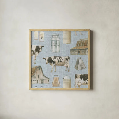 Country Cow Pattern VB by James Wiens. Shown in a natural wood glass frame for a timeless modern aesthetic. Available as an archival giclee rolled canvas, fine art paper, or poster print. SKU 42842a.