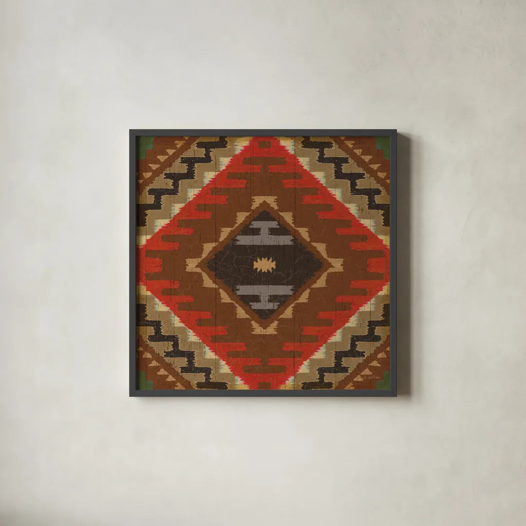Country Mood Navajo Tile VIII by James Wiens. Shown in a sleek black glass frame for a contemporary gallery look. Available as an archival giclee rolled canvas, fine art paper, or poster print. SKU 33360a.