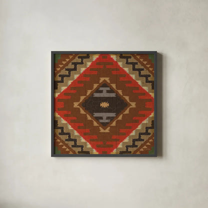 Country Mood Navajo Tile VIII by James Wiens. Shown in a sleek black glass frame for a contemporary gallery look. Available as an archival giclee rolled canvas, fine art paper, or poster print. SKU 33360a.