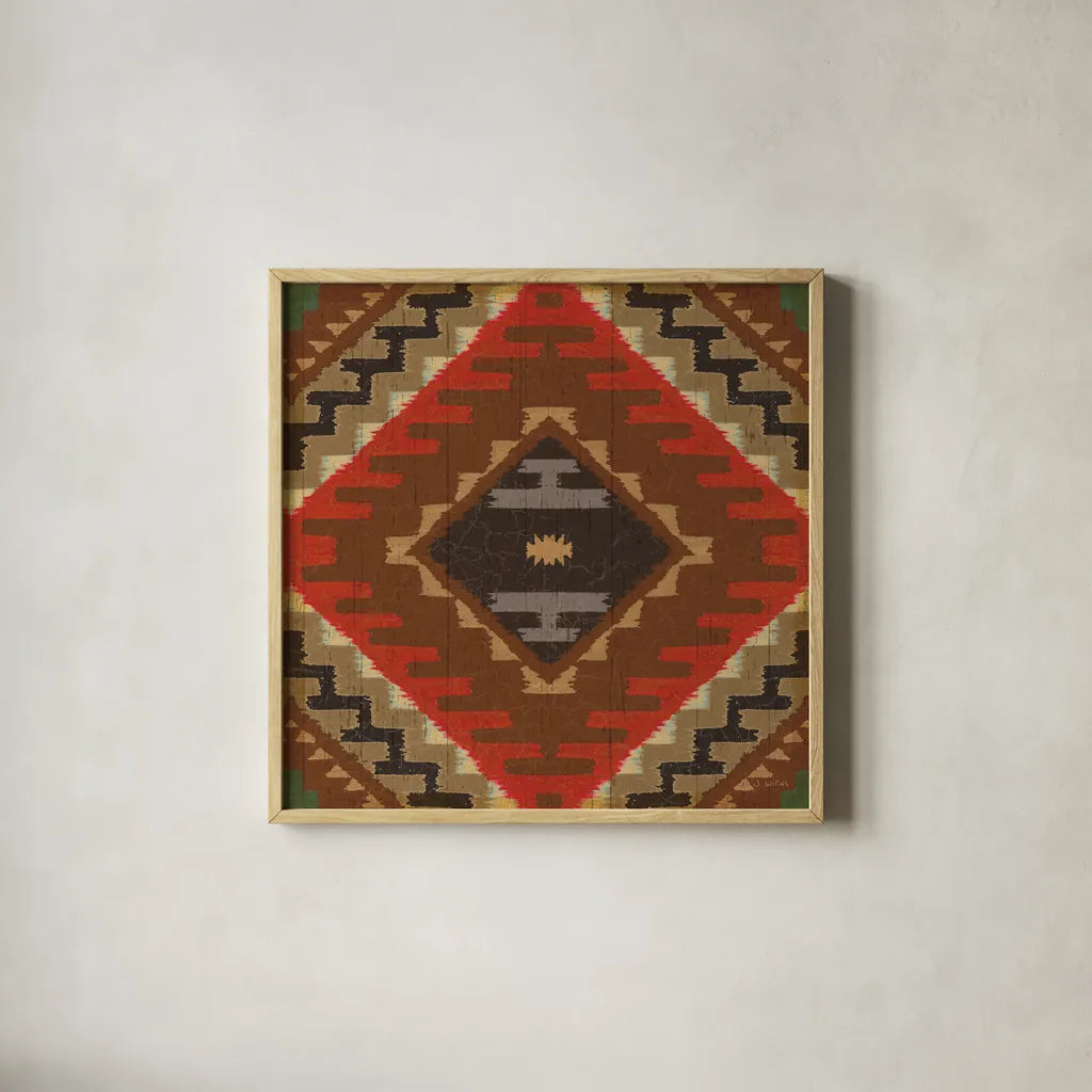 Country Mood Navajo Tile VIII by James Wiens. Shown in a natural wood glass frame for a timeless modern aesthetic. Available as an archival giclee rolled canvas, fine art paper, or poster print. SKU 33360a.