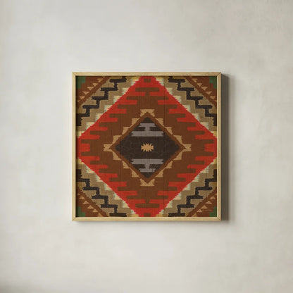 Country Mood Navajo Tile VIII by James Wiens. Shown in a natural wood glass frame for a timeless modern aesthetic. Available as an archival giclee rolled canvas, fine art paper, or poster print. SKU 33360a.