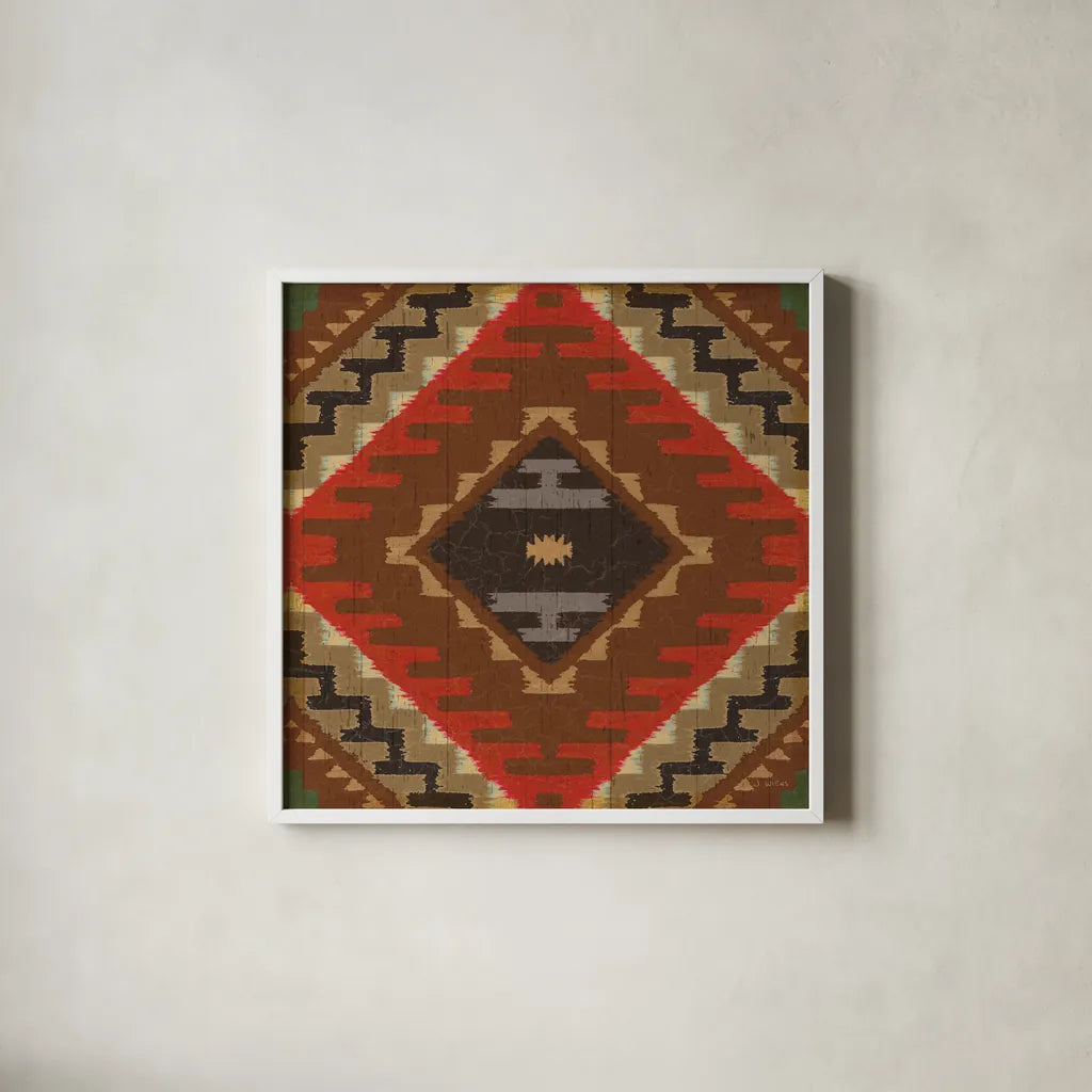 Country Mood Navajo Tile VIII by James Wiens. Shown in a crisp white glass frame for a clean and minimalist style. Available as an archival giclee rolled canvas, fine art paper, or poster print. SKU 33360a.