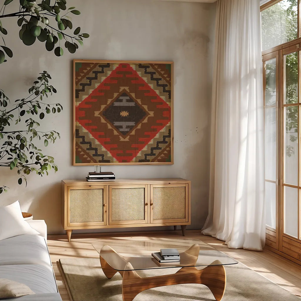 Country Mood Navajo Tile VIII by James Wiens. Shown in a natural wood frame in a cozy modern living room. Available as an archival giclee rolled canvas, fine art paper, or poster print. SKU 33360a.