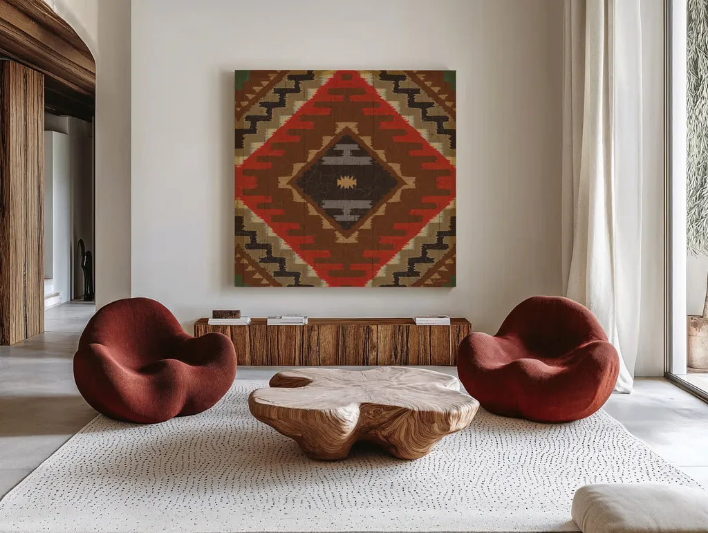 Country Mood Navajo Tile VIII by James Wiens. Shown as extra-large giant wall art in a modern living room. Available as an archival giclee rolled canvas, fine art paper, or poster print. SKU 33360a.