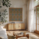 Country Mood Tile III by James Wiens. Shown in a natural wood frame in a cozy modern living room. Available as an archival giclee rolled canvas, fine art paper, or poster print. SKU 14144a.
