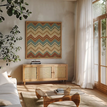 Country Mood Tile IV by James Wiens. Shown in a natural wood frame in a cozy modern living room. Available as an archival giclee rolled canvas, fine art paper, or poster print. SKU 14143a.
