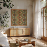 Country Mood Tile V v2 by James Wiens. Shown in a natural wood frame in a cozy modern living room. Available as an archival giclee rolled canvas, fine art paper, or poster print. SKU 14140a.