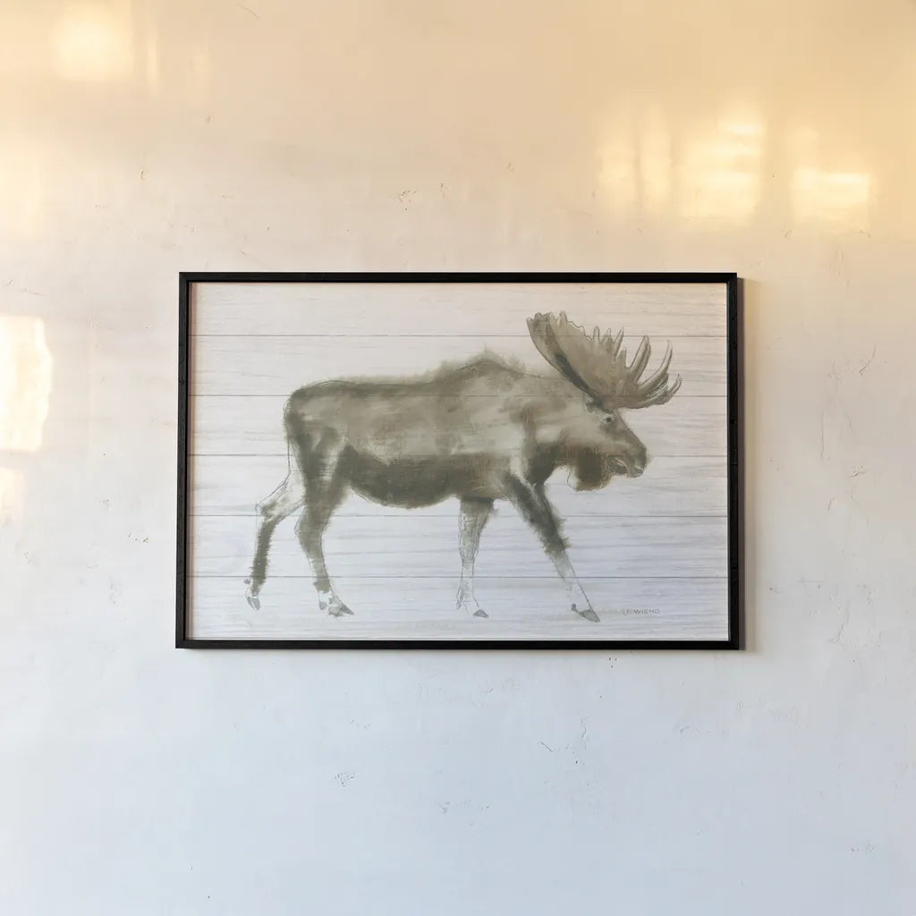 Dark Moose on Wood Crop by James Wiens. shown as a paper print in a black flame. Available as a archival giclee rolled canvas, fine art paper, or poster print. SKU 38831i.