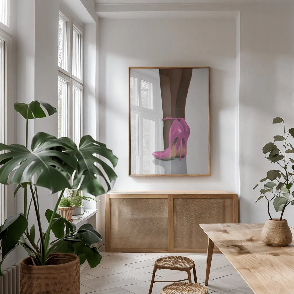 Divine I Pink by James Wiens. shown as a print in a natural wood frame in a dining room. Available as a archival giclee rolled canvas, fine art paper, or poster print. SKU 82829h.